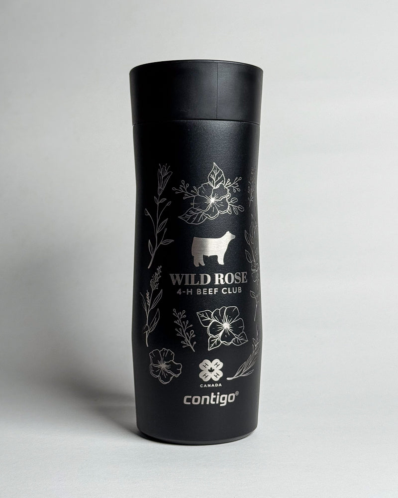 Black Contigo tumbler with 'Wild Rose 4-H Beef Club' design on a light gray background